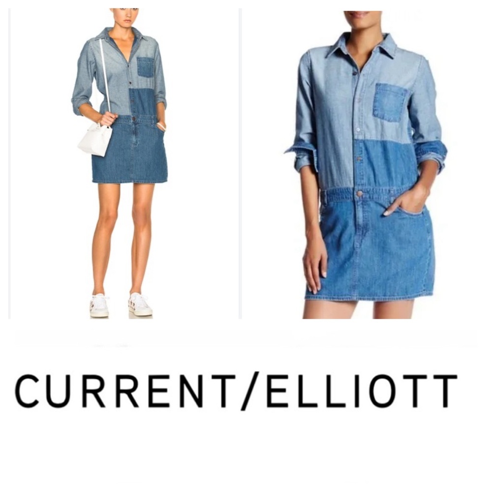 Current Elliot Two Toned Whitney Coverall Denim Mini Shirt Dress